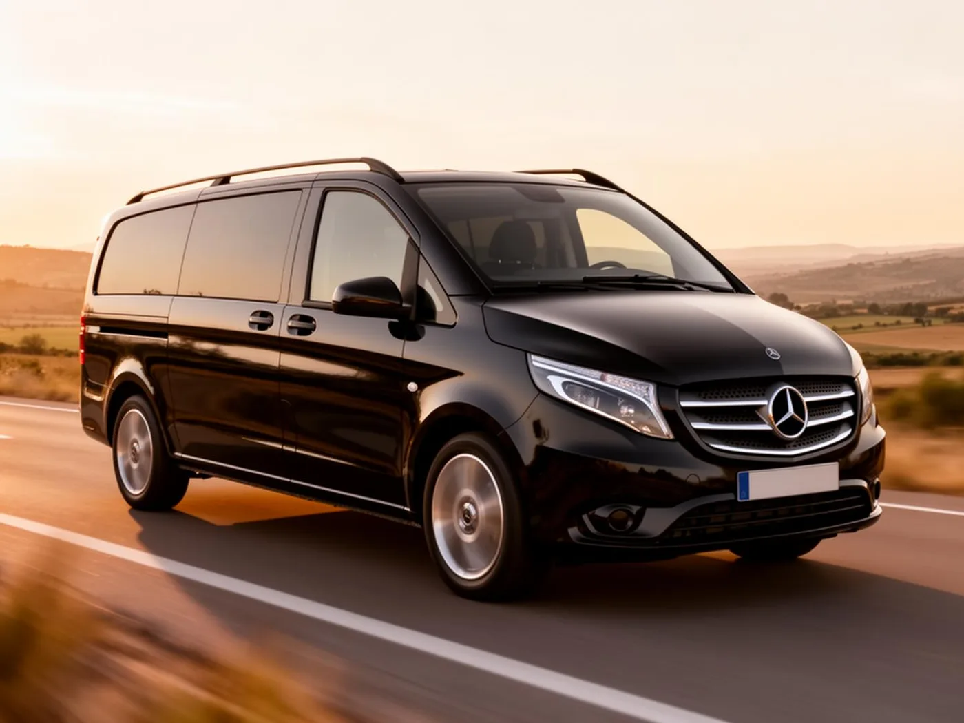 Luxury black Mercedes Vito van on the road — Yannat Travel private transfers