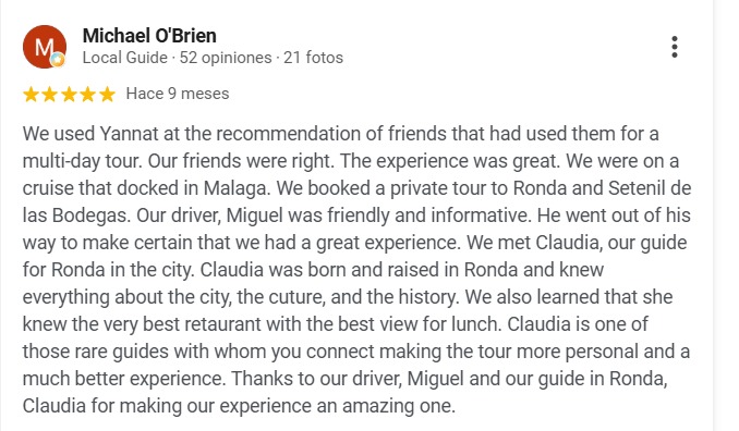 Real Google review from Yannat Travel customer Michael O'Brien