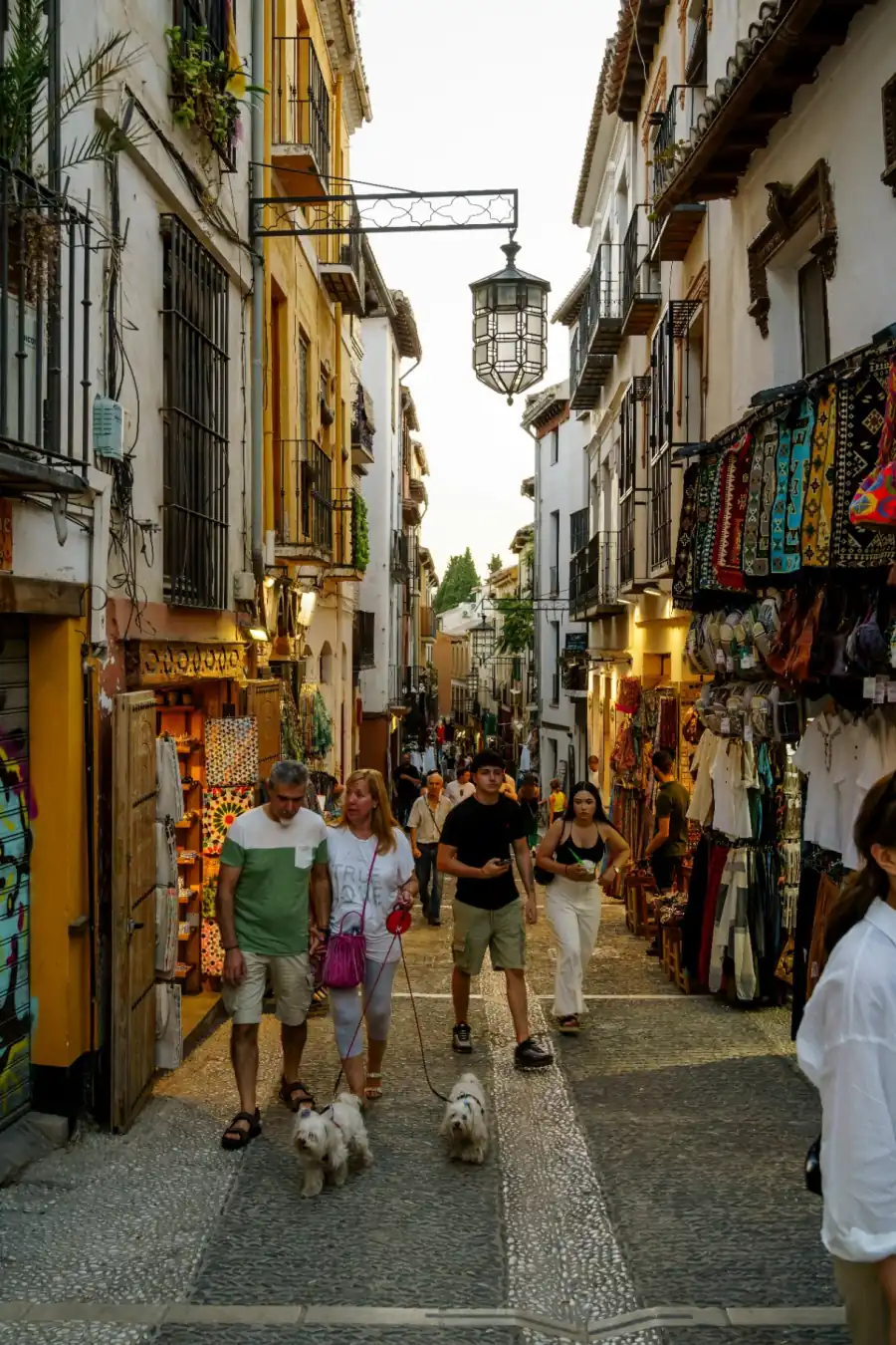 Cobblestone street in the Albaicín quarter of Granada with traditional lantern and local artisan shops