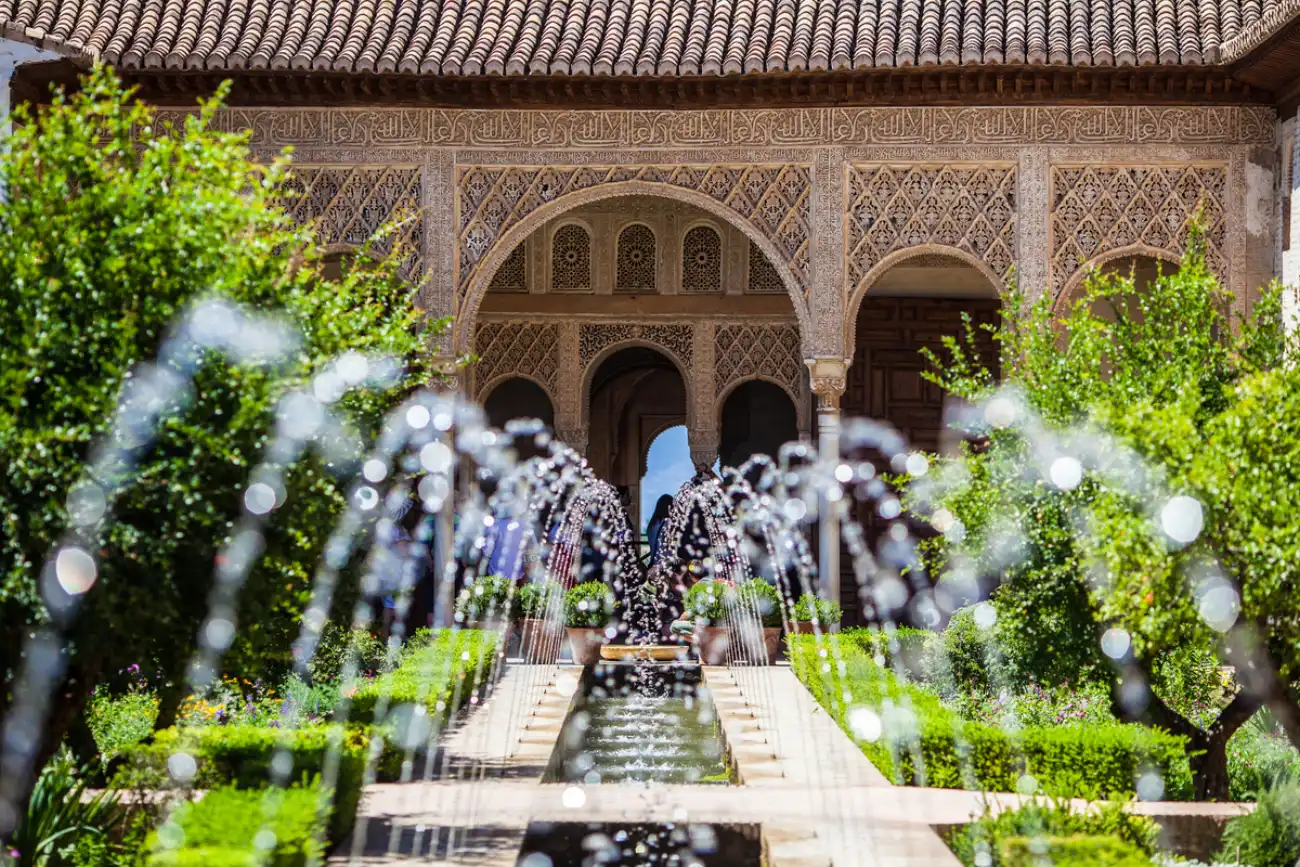 Elegant garden fountains at the Alhambra in Granada, Spain