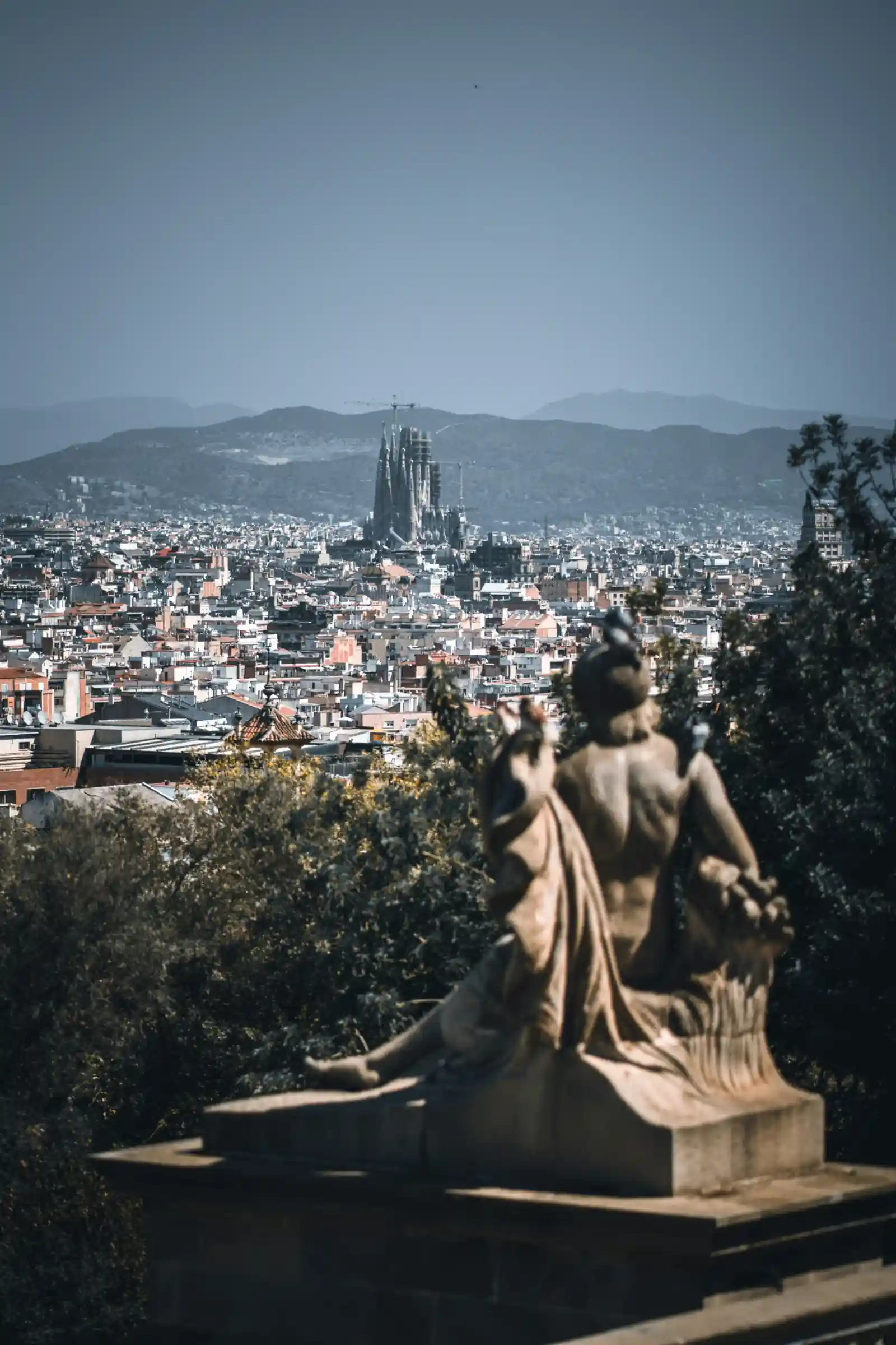 View over Barcelona's old city rooftops with the Sagrada Familia and Collserola hills in the distance