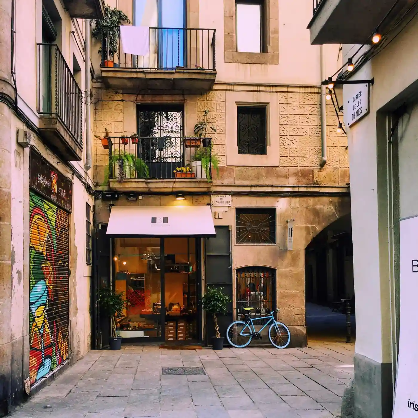 Hidden cobblestone alley in Barcelona's Gothic Quarter with medieval facades and a quiet boutique