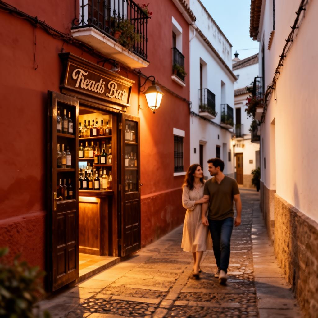 Charming narrow street in Granada's old town with warm light from a traditional bar entrance at dusk