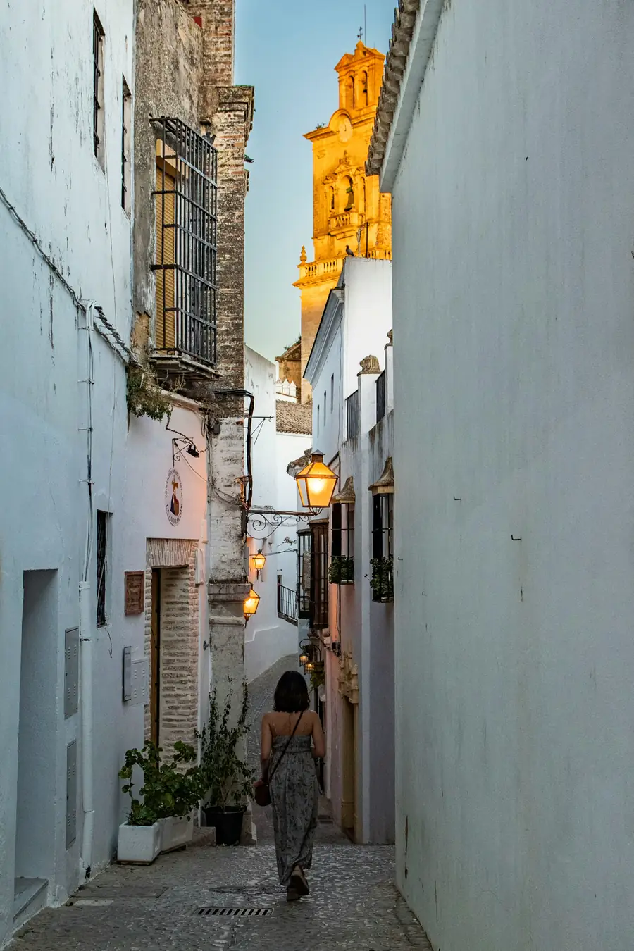 Charming cobblestone street in Grazalema with whitewashed walls and flower pots under overcast sky