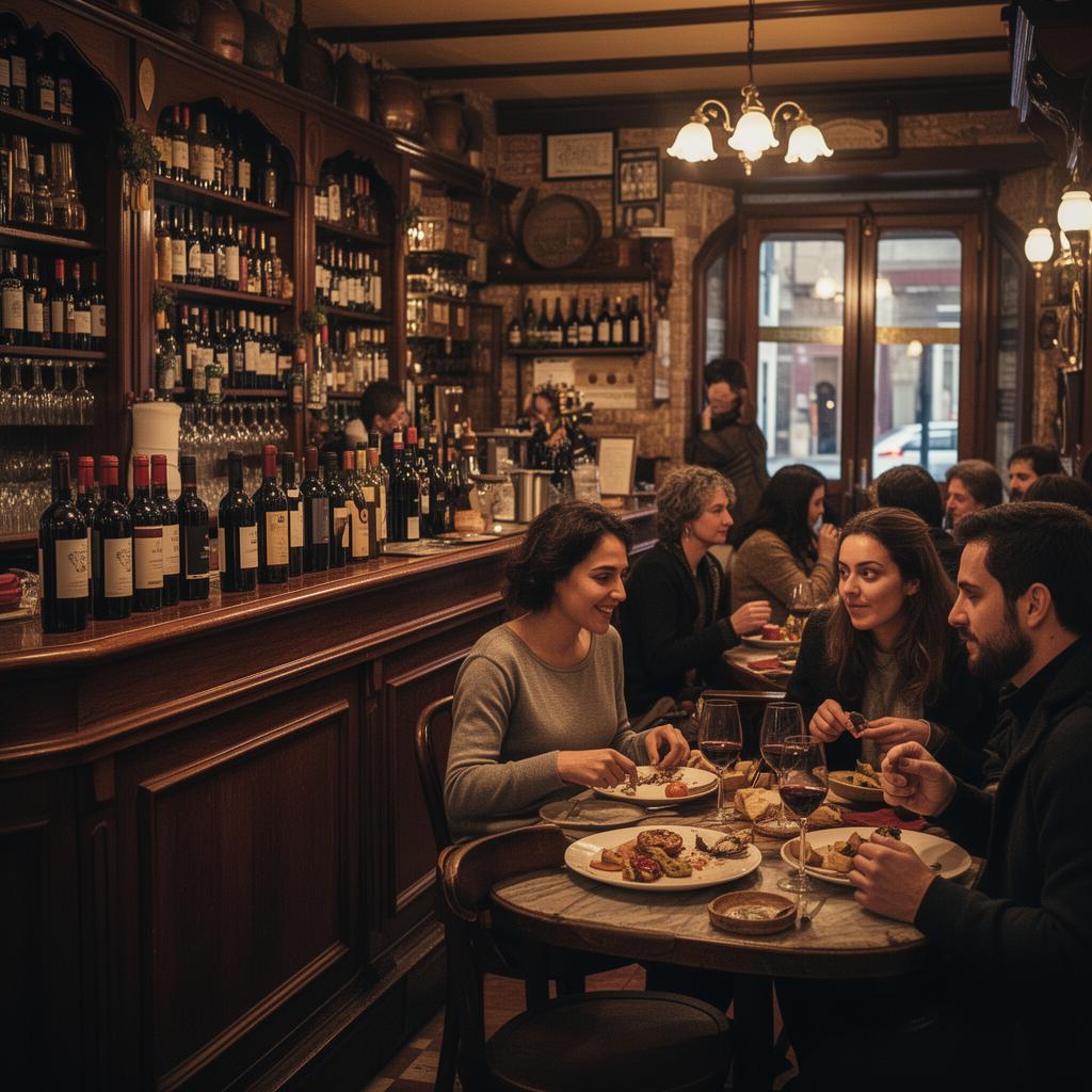 Interior of a traditional Madrid wine bar with guests enjoying tapas and conversation