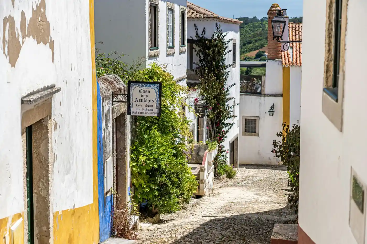 Cobblestone street inside the medieval walled village of Óbidos with whitewashed houses and bougainvillea