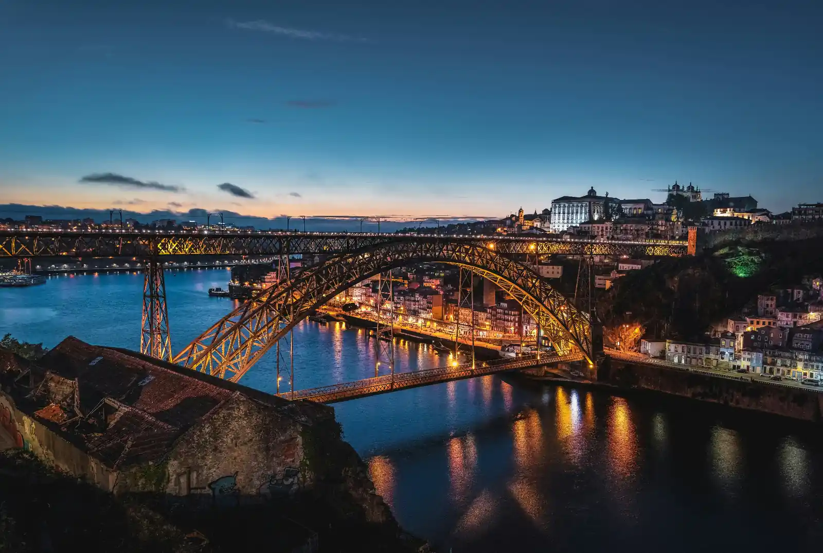 Dom Luís I Bridge illuminated at twilight over the Douro river with Porto's historic skyline