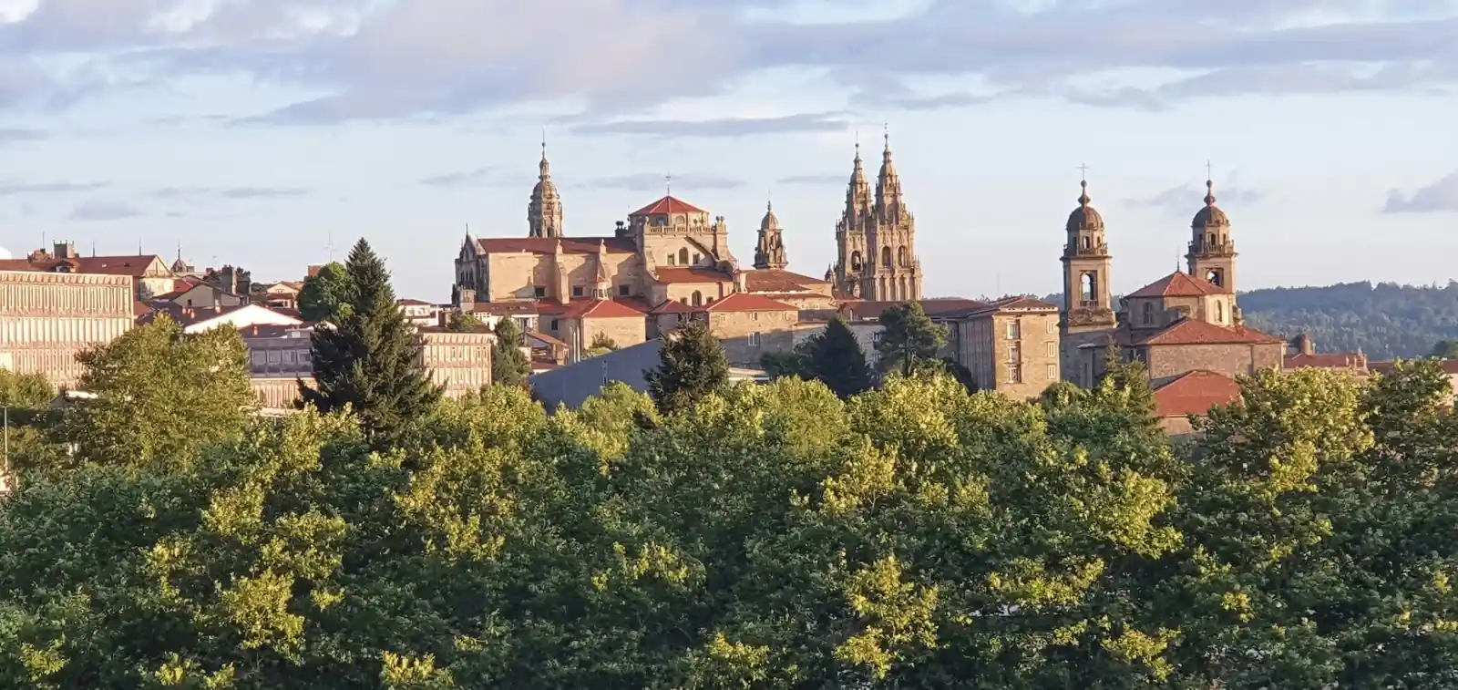 Panoramic view of Santiago de Compostela Cathedral seen from Alameda Park