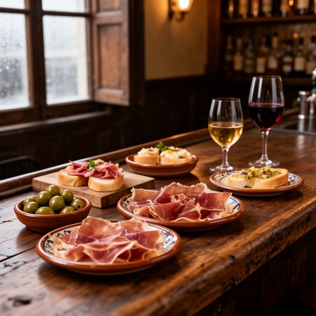Traditional Andalusian tapas of jamón ibérico, olives, and sherry on a rustic wooden bar in Seville
