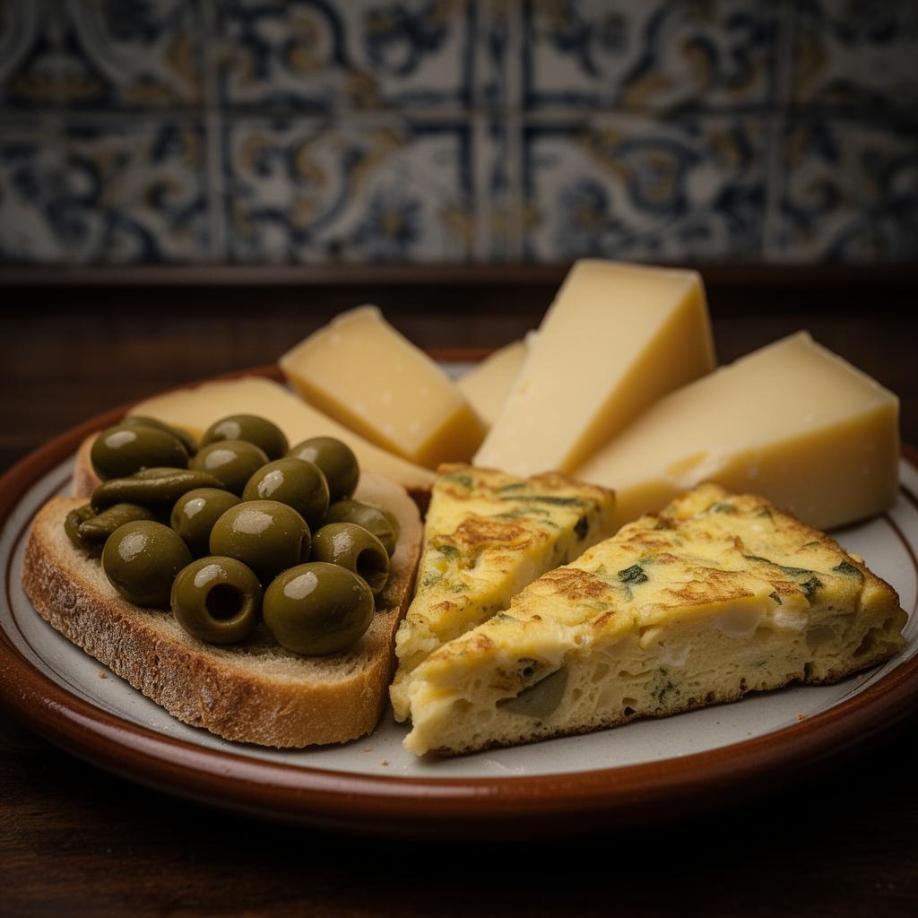 Traditional Spanish tapas with olives, tortilla española, and manchego cheese on a ceramic plate