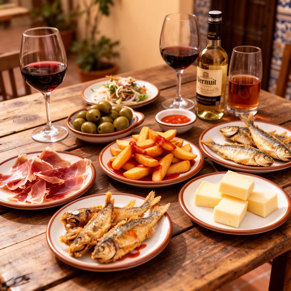 Authentic Spanish tapas spread with jamón, patatas bravas, fried fish, olives, and local wine glasses on a rustic wooden table