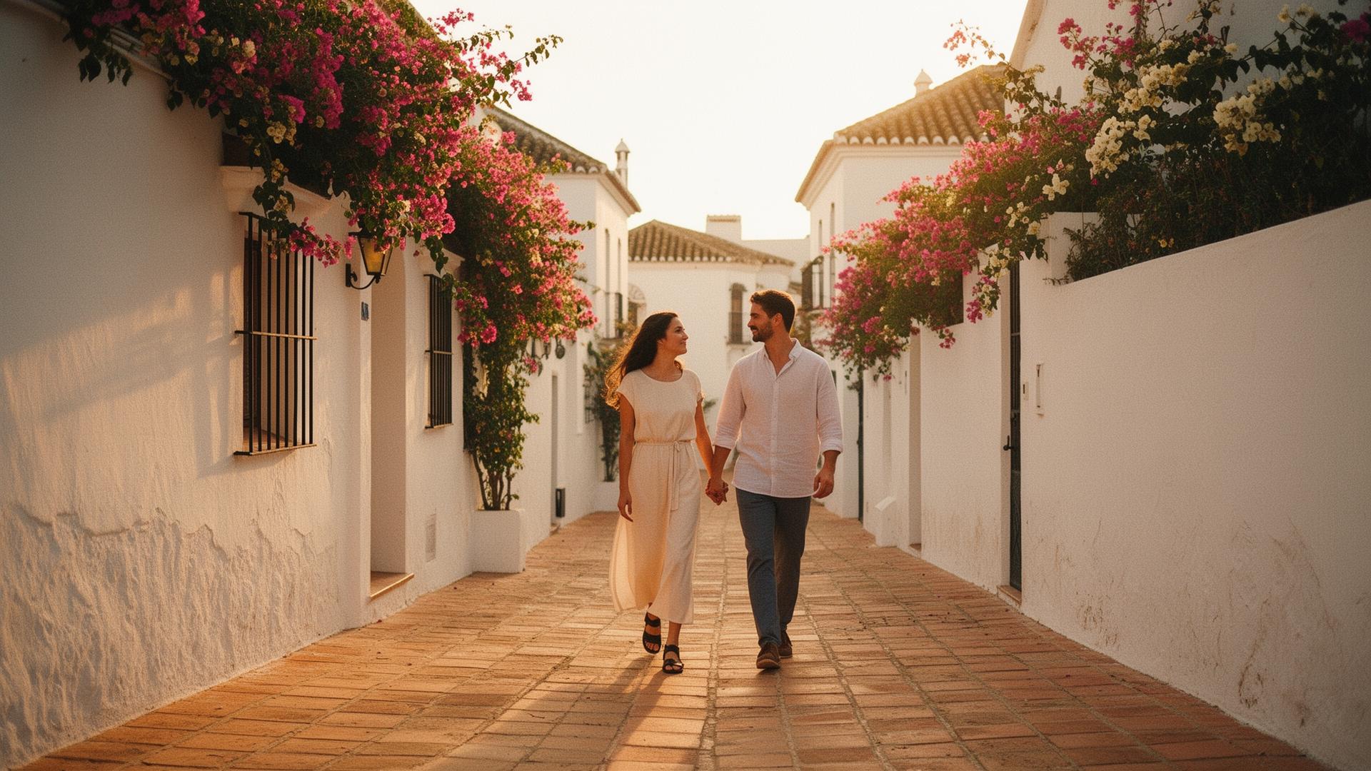 Couple walking through a sunlit Andalusian village street with bougainvillea